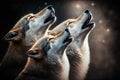 A pack of gray wild wolves howls at the moon at night Royalty Free Stock Photo