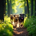 Pack of hounds pursuing scent through dense woodland, forest, undergrowth, spring Royalty Free Stock Photo