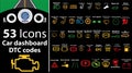 53 pack icons - Car dashboard, dtc codes, error message, check engine, fault, dashboard illustration, gas level, Royalty Free Stock Photo