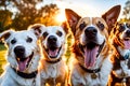 pack of joyful dogs capturing a selfie, front paws extended as if holding a camera, tongue out in excitement