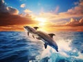 Ai Generated illustration Wildlife Concept of Pack of jumping dolphins Royalty Free Stock Photo