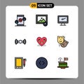 Pack of 9 Modern Filledline Flat Colors Signs and Symbols for Web Print Media such as heart, ui, monitor, signal, basic