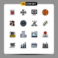 Pack of 16 Modern Flat Color Filled Lines Signs and Symbols for Web Print Media such as coffee, sport, options, baseball, security