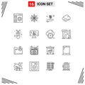 Pack of 16 Modern Outlines Signs and Symbols for Web Print Media such as botany, biological, business startup, technology, safe
