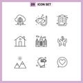 Group of 9 Outlines Signs and Symbols for building, family, paper, entrance, building