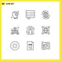 Pack of 9 Modern Outlines Signs and Symbols for Web Print Media such as business strategy, labour badge, world, helmet, hard