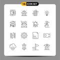 Pack of 16 Modern Outlines Signs and Symbols for Web Print Media such as cyber crime, insight, providence, idea, bulb