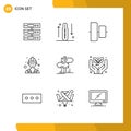 Pack of 9 Modern Outlines Signs and Symbols for Web Print Media such as love, worker, health, labour, vertical