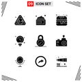 Pack of 9 Modern Solid Glyphs Signs and Symbols for Web Print Media such as camera, padlock, fast food, lock, solutions