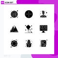 Pack of 9 Modern Solid Glyphs Signs and Symbols for Web Print Media such as kite, happy, painter, hiking, outdoor