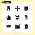 Pack of 9 Modern Solid Glyphs Signs and Symbols for Web Print Media such as management, three, internet of things, hand, report