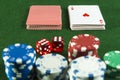 Pack Playing cards cut Pair Dice Poker chips Royalty Free Stock Photo