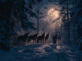 The pack of red moon,Group of ferocious wolf in the forest,3d illustration Royalty Free Stock Photo
