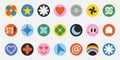 Pack of retro Y2K round colorful stickers with shapes and symbols, cool old style flat labels, buttons, application icons