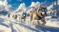 A pack of sled dogs running through a snowy mountain landscape Royalty Free Stock Photo