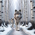 Pack Timber Wolves Wilderness Wintertime Birch Trees Snowy Pathway Forest Canada AI Generated