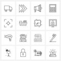 Pack of 16 Universal Line Icons for Web Applications aim, angle, movie, operation, calculator
