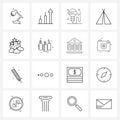 Pack of 16 Universal Line Icons for Web Applications clouds, vacations, electronics, travel, camping Royalty Free Stock Photo