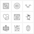 Pack of 9 Universal Line Icons for Web Applications digital, web, arrows, code, heart