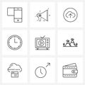 Pack of 9 Universal Line Icons for Web Applications TV, time, speaker, schedule, clock Royalty Free Stock Photo