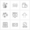 Pack of 9 Universal Line Icons for Web Applications valentine, love, information, angle, movie camera