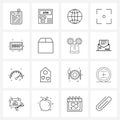 Pack of 16 Universal Line Icons for Web Applications video player, p, world, circle, select