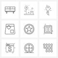 Pack of 9 Universal Line Icons for Web Applications whiskey, glass, scale, cup, key locking