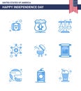 Pack of 9 USA Independence Day Celebration Blues Signs and 4th July Symbols such as grill; barbecue; justice; police sign; police