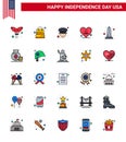 Pack of 25 USA Independence Day Celebration Flat Filled Lines Signs and 4th July Symbols such as usa; monument; officer; landmark