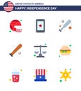 Pack of 9 USA Independence Day Celebration Flats Signs and 4th July Symbols such as usa; bat; cell; baseball; hardball