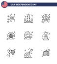 Pack of 9 USA Independence Day Celebration Lines Signs and 4th July Symbols such as achievement; yummy; washington; round; flag
