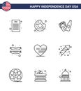 Pack of 9 USA Independence Day Celebration Lines Signs and 4th July Symbols such as celebration; american; frise; love; sausage