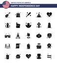 Pack of 25 USA Independence Day Celebration Solid Glyph Signs and 4th July Symbols such as usa; love; baseball; heart; camping