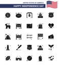 Pack of 25 USA Independence Day Celebration Solid Glyph Signs and 4th July Symbols such as shield; american; bell; police sign;