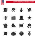 Pack of 16 USA Independence Day Celebration Solid Glyphs Signs and 4th July Symbols such as soda; cola; flower; bottle; hotdog