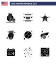 Pack of 9 USA Independence Day Celebration Solid Glyphs Signs and 4th July Symbols such as states; american; police; food; french