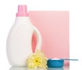 Pack washing powder in measuring cup, bottle liquid, flower isolated.