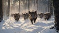 A Pack of Wild Boars Running Through a Snowy Forest Royalty Free Stock Photo