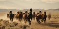 A pack of wild horses galloping across an open plain, concept of Animal Behavior, created with Generative AI technology Royalty Free Stock Photo