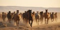 A pack of wild horses galloping across an open plain, concept of Animal Behavior, created with Generative AI technology Royalty Free Stock Photo