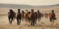 A pack of wild horses galloping across an open plain, concept of Animal Behavior, created with Generative AI technology Royalty Free Stock Photo