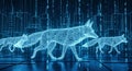 Digital Foxes in Futuristic Cityscape with Binary Code Rain Royalty Free Stock Photo