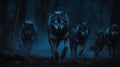 A pack of wolves running through the woods at night with glowing eyes. Royalty Free Stock Photo