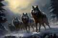 A pack of wolves gracefully walking through a snowy landscape, A pack of wolves in the cold light of the winter moon, AI Generated Royalty Free Stock Photo