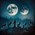 A pack of wolves howling together under a full moon image generative AI Royalty Free Stock Photo