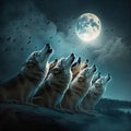 A pack of wolves howling together under a full moon at night generative AI Royalty Free Stock Photo