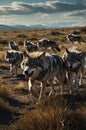 Majestic Grey Wolves Pack Walking in Desert Landscape at Sunset Royalty Free Stock Photo
