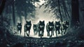 A pack of wolves running through the woods Royalty Free Stock Photo