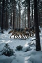 Wolves in Winter: A Pack\'s Journey Through a Snowy Forest Landscape Royalty Free Stock Photo