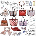 Pack with woman accessories, jewel, bags. Objects on white for fashion design. Different style and color color. Romantic, business